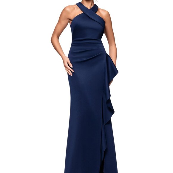 Xscape Petite Ruffled Halter Gown β Midnight Blue β Size 14P NWT - Picture 1 of 4